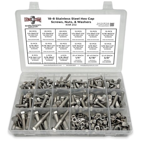 Boltsandnuts.Com Inch 18-8 Stainless Steel Hex Cap Screws, Hex Nuts, Flat & Lock Washers - 380 PCS Assortment Kit #202